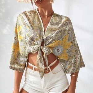 Scarf print batwing sleeve blouse